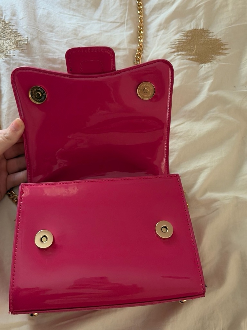 Hot Pink Mini Top-Handle Bag with Gold Chain Strap - Picture 3 of 4